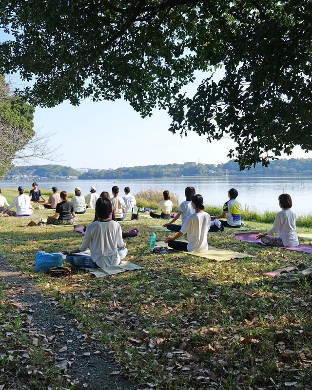 佐鳴湖畔で瞑想する参加者たち、対岸の緑を望む静かな時間